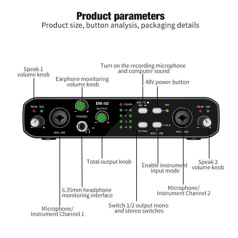 Audio Mixer 4 Channel - Audio Interface With Microphone 48V Preamp